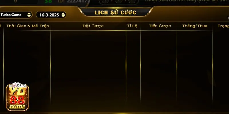 Lịch sử cược hiển thị số tiền đã cược tại Number Game 