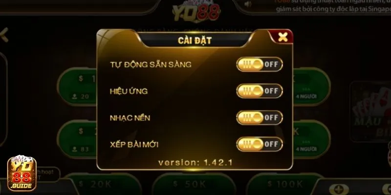 Tùy chỉnh tính năng cài đặt tại Mậu Binh game bài Yo88 